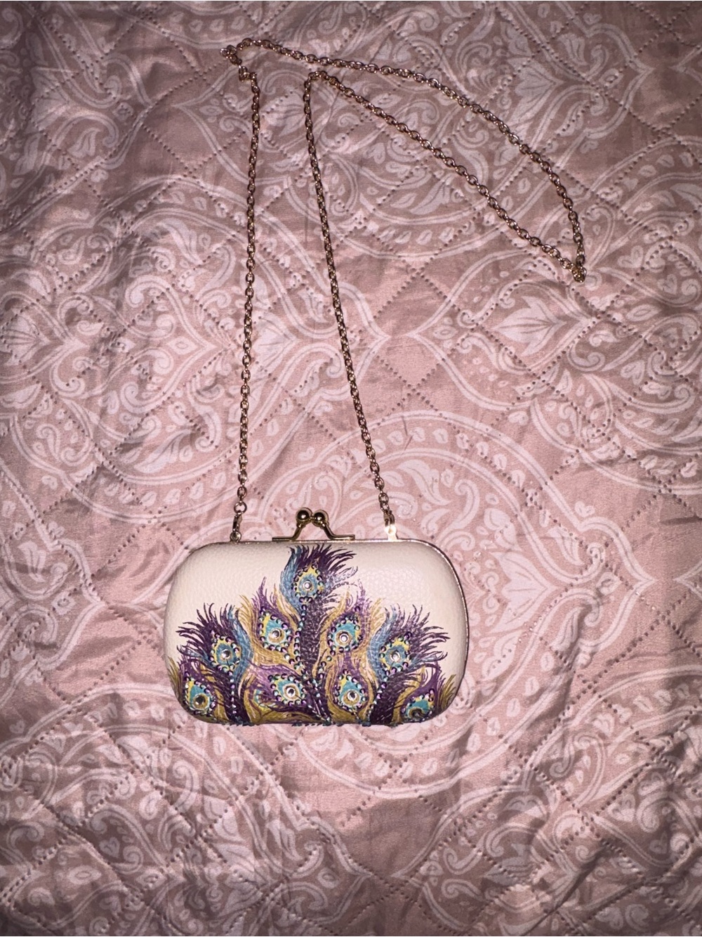 Peacock Feather Embroidered Cream Crossbody Clutch